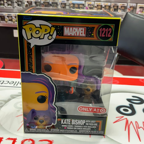 Pop Marvel Studios MCU: Hawkeye- Blacklight Kate Bishop w/ Lucky the Pizza Dog (Target Exclusive)